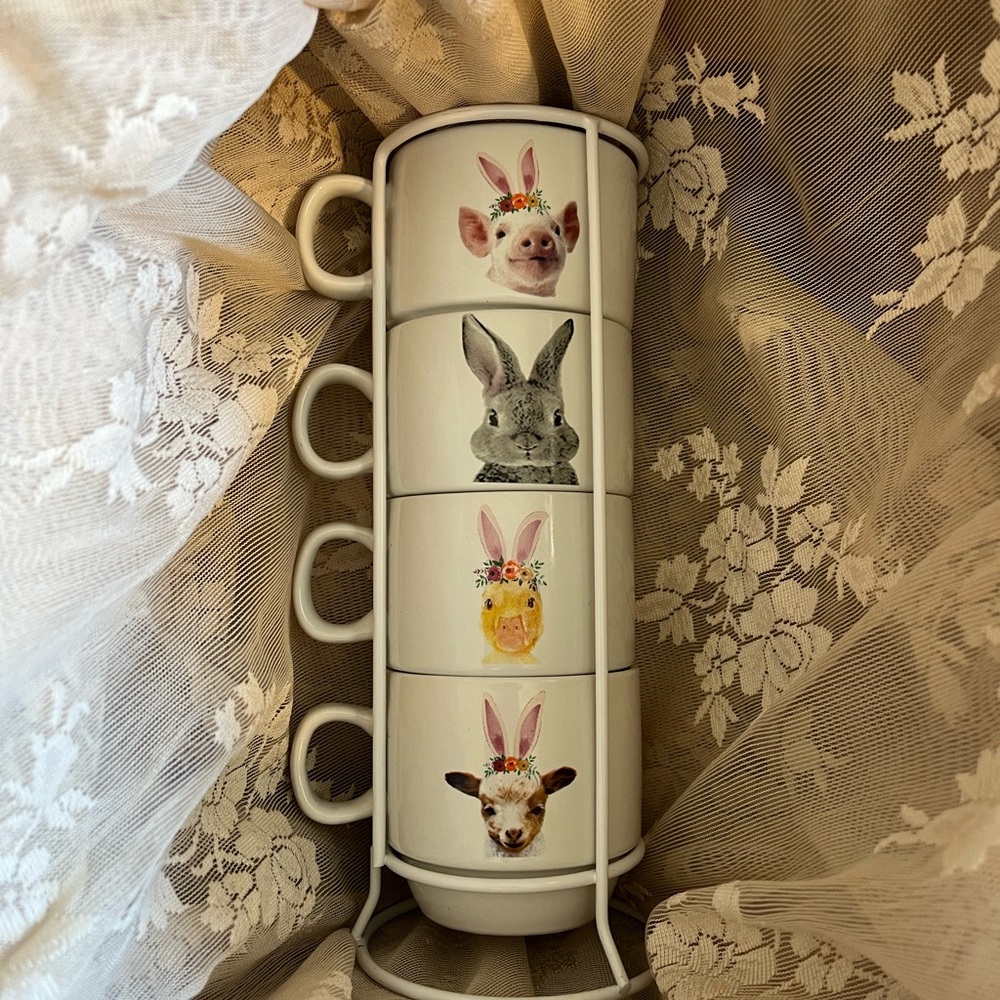 Stackable Ceramic Tea Cups w/Rack Arlington Designs 
Lamb, Chick, Piglet & Bunny
